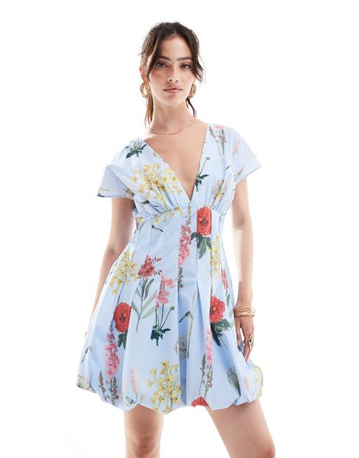 ASOS DESIGN - Kortærmet minikjole med kilenederdel og botanisk blomstermønster, 2 af 4