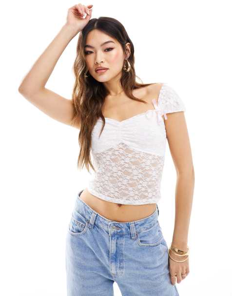 ASOS DESIGN - Kortærmet og hvid milkmaid-top i blondestof med sløjfer - view 1