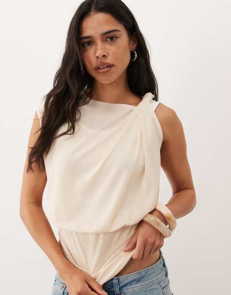ASOS DESIGN kortærmet top med dobbelt lag og gennemsigtig stretch i råhvid - view 1