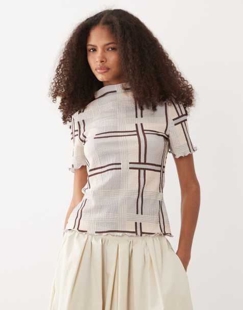 ASOS DESIGN - Kortærmet top med høj tætsiddende hals og ternet print - view 1