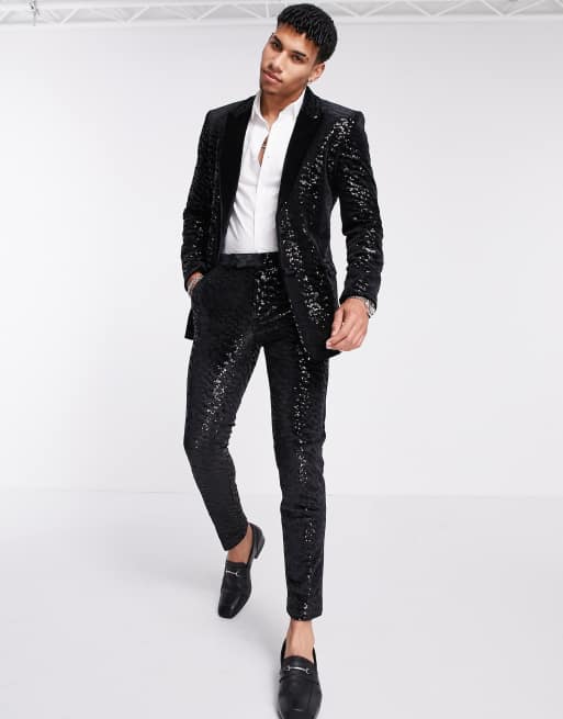 ASOS DESIGN – Kostymbyxor i supersmal passform i sammet med paljetter
