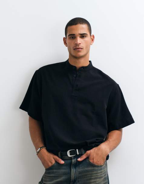 ASOS DESIGN koszula boxy oversize o wyglądzie lnu z kołnierzykiem henley w kolorze czarnym - view 1