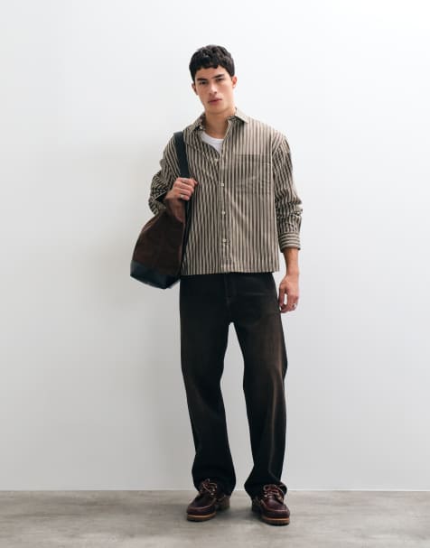ASOS DESIGN koszula boxy oversize z popeliny w paski, brązowa - view 1
