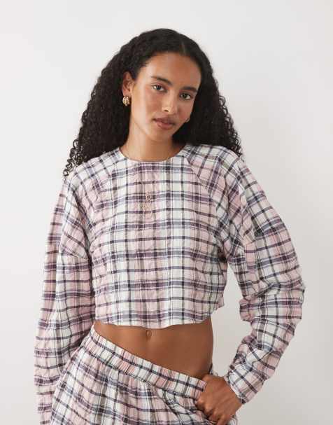 ASOS DESIGN koszula cropped z rękawami cocoon w różową kratę, część zestawu - view 1
