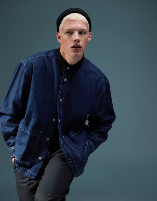 ASOS DESIGN – Koszula jeansowa oversize o pudełkowym kroju w kolorze indygo z efektem sprania ze sztruksowym kołnierzem