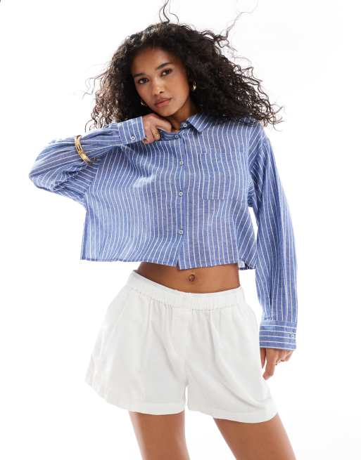 ASOS DESIGN – Koszula o krótkim fasonie z kopertowym tyłem w paski w naturalnym kolorze