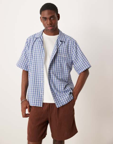 ASOS DESIGN boxy relaxed revere shirt with chest embroidery in blue