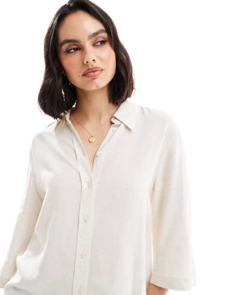 ASOS DESIGN – Koszula o luźnym fasonie z imitacji lnu w naturalnym kolorze - view 1