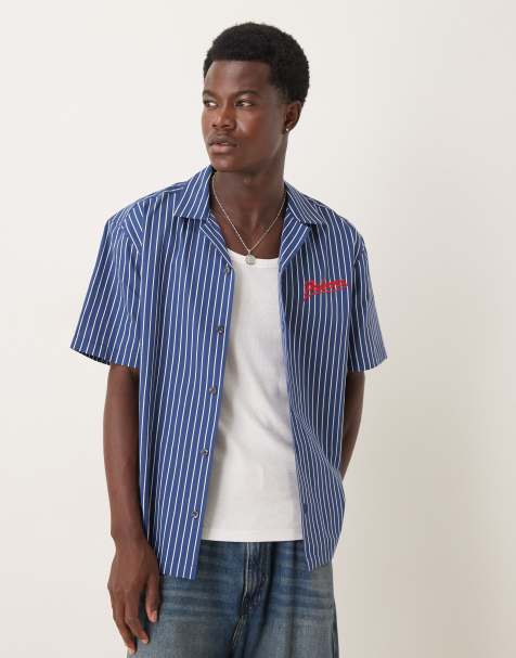 ASOS DESIGN relaxed revere shirt with chest embroidery in blue stripe