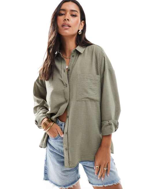 ASOS DESIGN – Koszula o luźnym kroju i lnianym wyglądzie w kolorze khaki