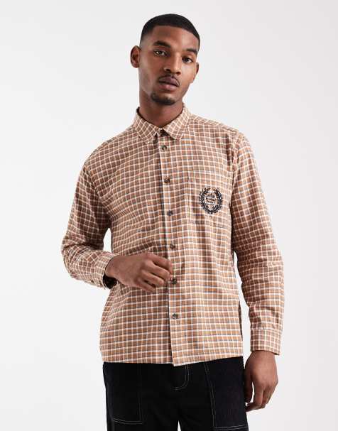 ASOS DESIGN relaxed check shirt with chest embroidery in brown