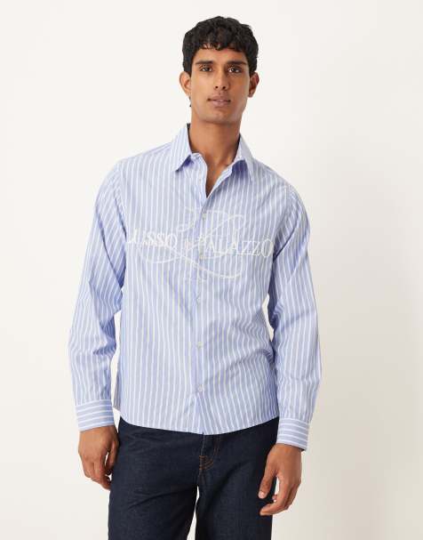 ASOS DESIGN relaxed fit striped shirt with embroidery in blue