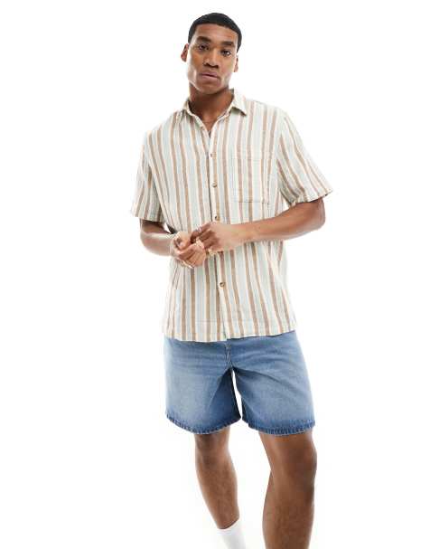 ASOS DESIGN relaxed shirt in brown and blue basket weave stripe