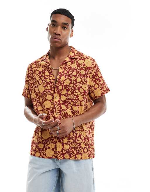 ASOS DESIGN – Koszula o luźnym kroju z kołnierzykiem kubańskim w teksturowany pomarańczowo-czerwony kwiatowy wzór