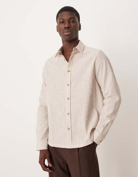 ASOS DESIGN relaxed seersucker stripe shirt in sand