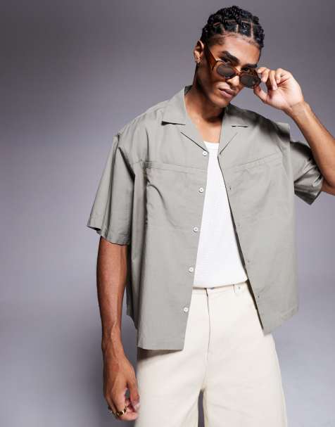 ASOS DESIGN boxy oversized shirt with concealed pockets in khaki