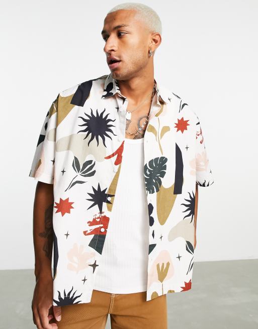 ASOS DESIGN – Koszula o pudełkowym kroju oversize z imitacji lnu z abstrakcyjnym nadrukiem