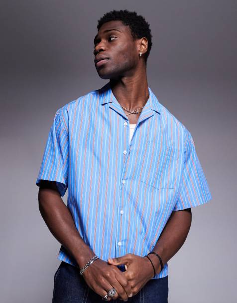 ASOS DESIGN boxy oversized revere shirt in red and blue stripe