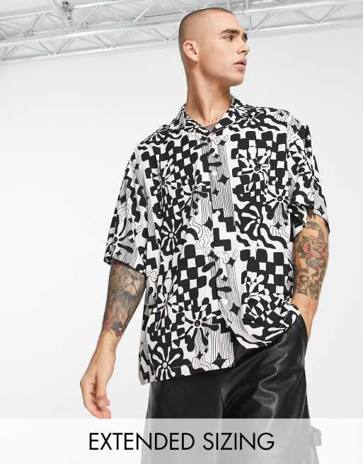 ASOS DESIGN – Koszula o pudełkowym kroju oversize z kołnierzykiem kubańskimi w czarno-białą szachownicę
