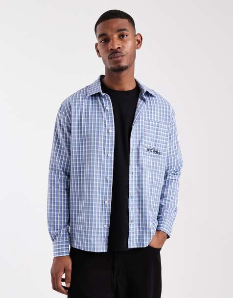 ASOS DESIGN regular fit checked shirt with chest embroidery in blue