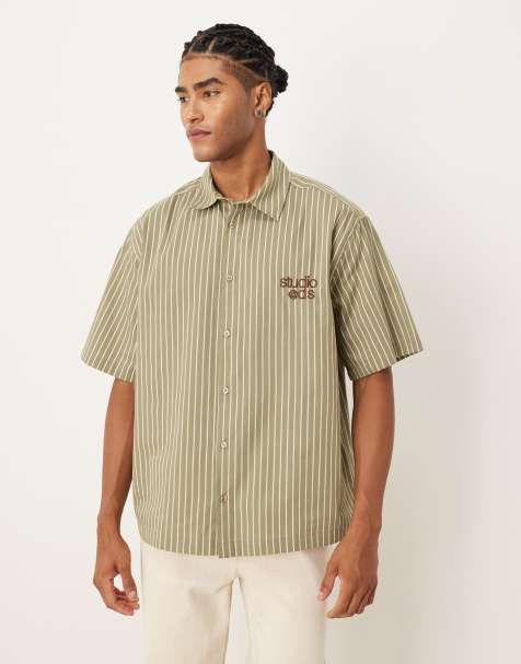 ASOS DESIGN regular shirt in khaki stripe with chest embroidery