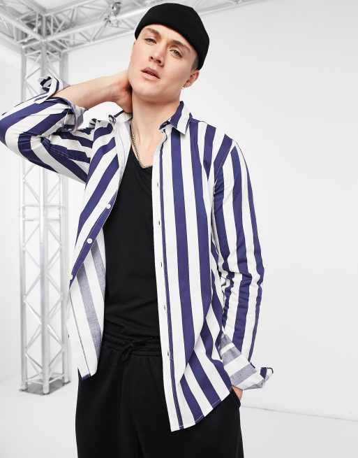 ASOS DESIGN – Koszula o wąskim kroju ze stretchem w granatowo-białe paski
