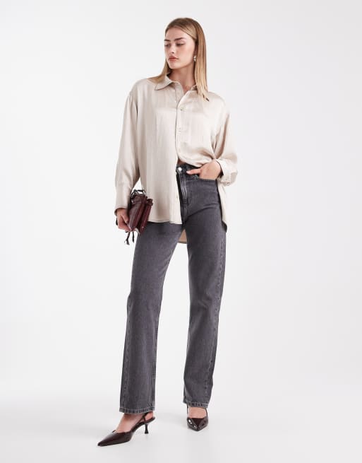 ASOS DESIGN – Koszula o wydłużonym fasonie z gniecionej satyny w kolorze ecru z kontrastowymi szwami