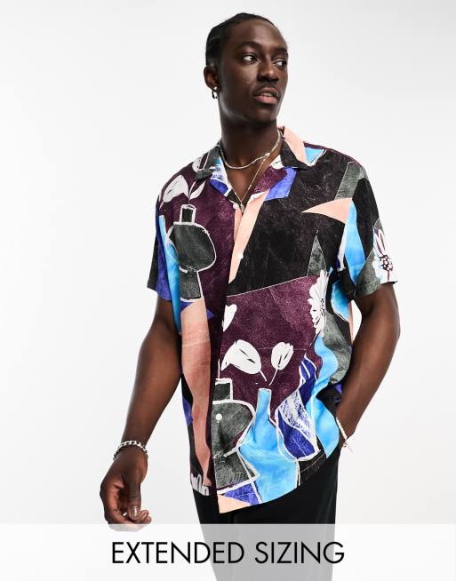 ASOS DESIGN – Koszula o luźnym kroju z kołnierzykiem kubańskim w abstrakcyjny kwiatowy wzór