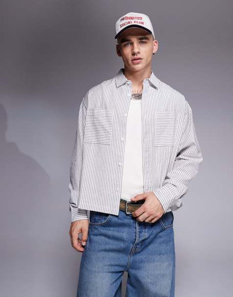 ASOS DESIGN boxy oversized stripe shirt in white and grey