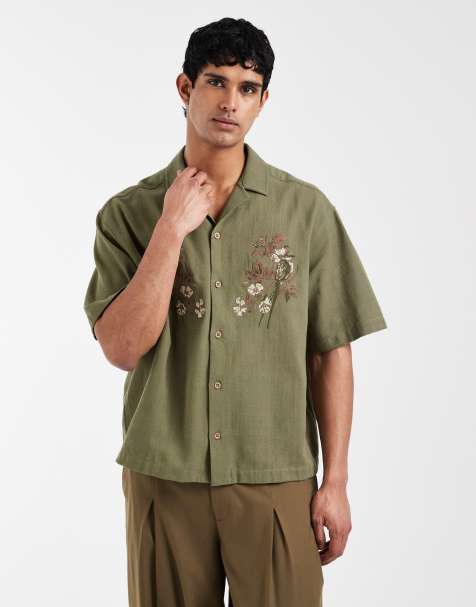 ASOS DESIGN – Koszula oversize o pudełkowym kroju w kolorze khaki z kwiatowym haftem na klatce piersiowej - view 1