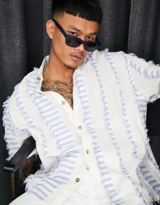 ASOS DESIGN – Koszula oversize o pudełkowym kroju w niebiesko-białe frędzle