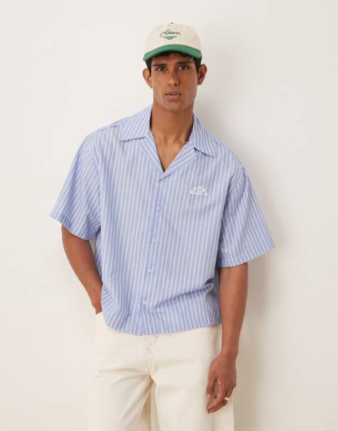 ASOS DESIGN boxy oversized revere shirt with embroidery in blue and white stripe 
