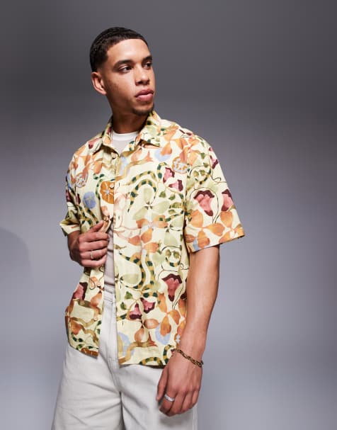 ASOS DESIGN boxy oversized printed shirt in neutral