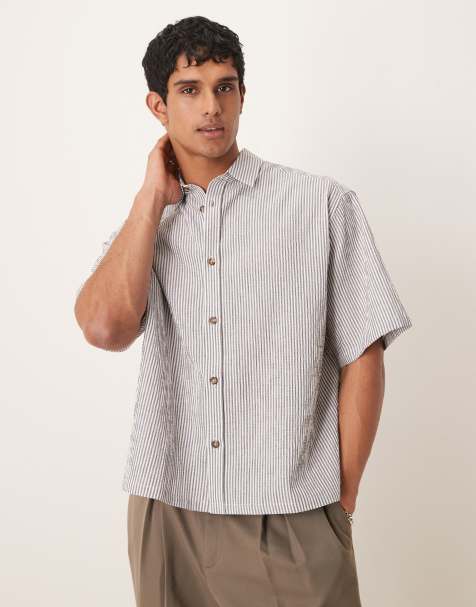 ASOS DESIGN boxy oversized seersucker shirt in black stripe