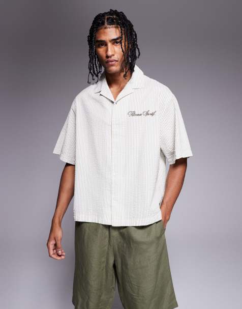 ASOS DESIGN boxy oversized shirt in striped seersucker in sage