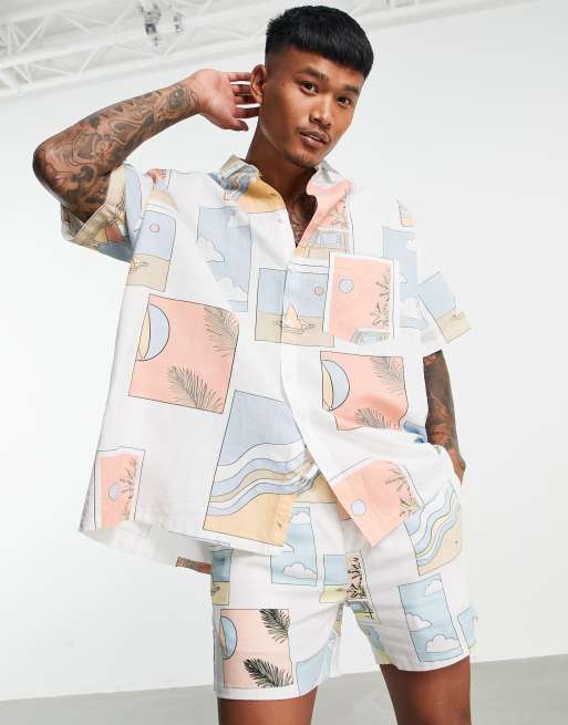 ASOS DESIGN – Koszula oversize o pudełkowym kroju z mieszanki lnu z nadrukiem pocztówek – część zestawu