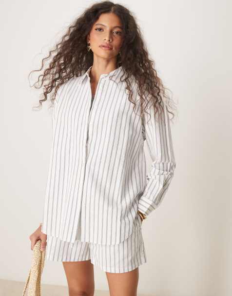 ASOS DESIGN – Koszula oversize o wyglądzie lnu w czarne paski, część zestawu - view 1