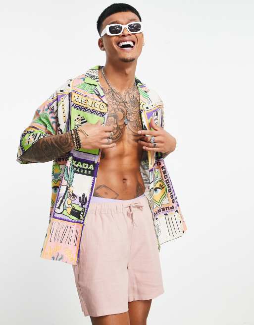 ASOS DESIGN – Koszula oversize o pudełkowym kroju z mieszanki lnu z pocztówkowym nadrukiem