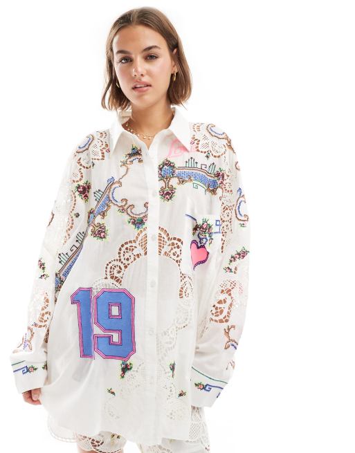 ASOS DESIGN – Koszula oversize premium w haftowany wzór, część zestawu, 2 z 4