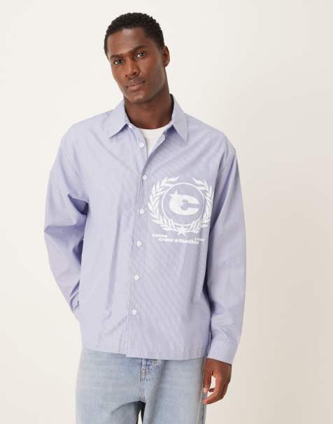 ASOS DESIGN – Koszula oversize w niebiesko-białe paski z nadrukiem na piersi - view 1