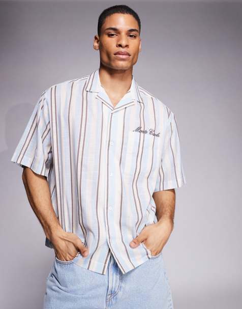 ASOS DESIGN oversized shirt with chest embroidery in blue and brown stripe