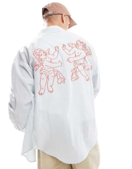 ASOS DESIGN – Koszula oversize w paski z haftowanym wzorem na plecach w stylu lat 90.