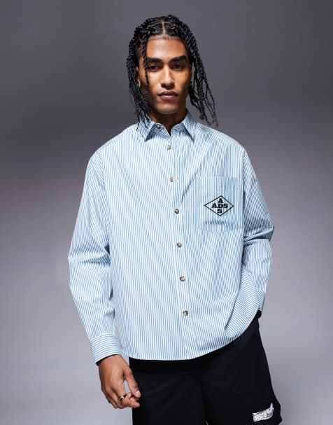 ASOS DESIGN oversized stripe shirt with embroidery in green