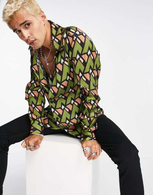 ASOS DESIGN – Koszula oversize z kołnierzem kubańskim z nadrukiem w stylu lat 70.