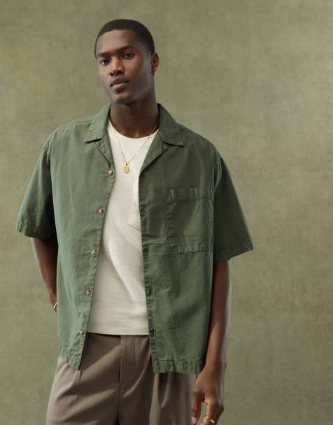 ASOS DESIGN – Koszula oversize z kołnierzykiem kubańskim o pudełkowym kroju z materiału o wyglądzie lnu w kolorze khaki, część zestawu - view 1