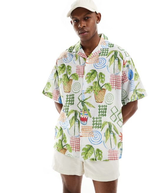 FhyzicsShops DESIGN – Koszula oversize z kołnierzykiem kubańskim w roślinny wzór