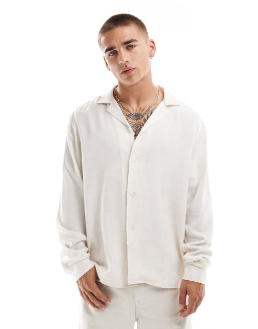 ASOS DESIGN – Koszula oversize z kołnierzykiem kubańskim z mieszanki lnu w kolorze ecru