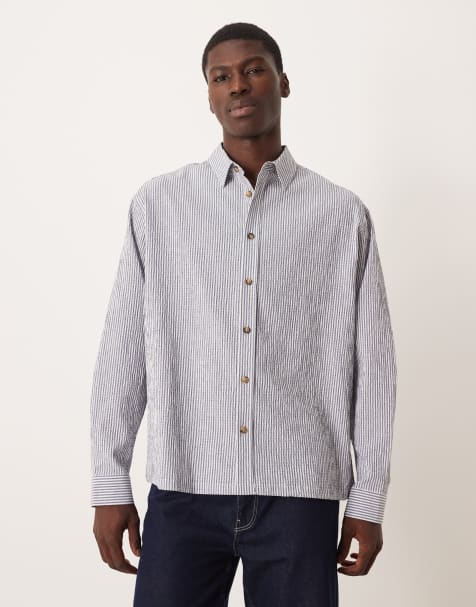 ASOS DESIGN oversized seersucker stripe shirt in navy