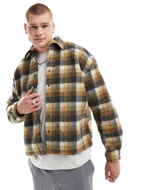 ASOS DESIGN – Koszula oversize z kożuszka w neutralną kratkę w stylu lat 90.