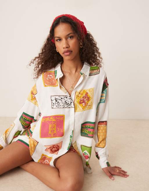 ASOS DESIGN – Koszula oversize z materiału o wyglądzie lnu we wzór z motywem pudełek od zapałek, część zestawu